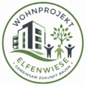 Logo der Baugenossenschaft. Ein Mehrfamilienhaus steht auf einer Wiese mit mehreren Personen davor.